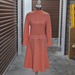 Vintage Women's Fit & Flare Large Coral Sweater Dress Pin Up Retro Housewife